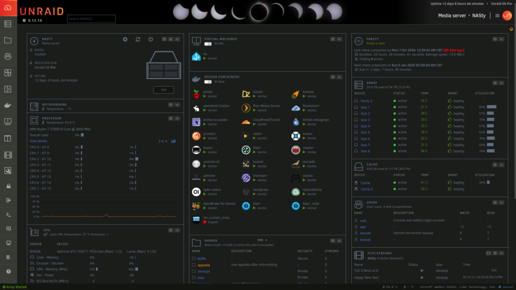 Unraid OS dashboard